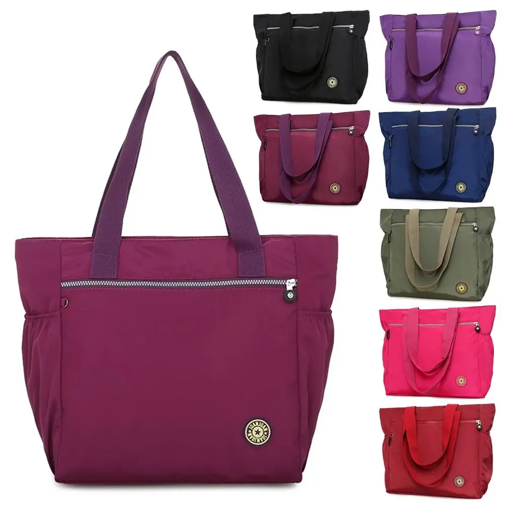 Solid Color Women Tote Bag Casual Nylon Large Capacity Shoulder Bag Handbag Ladies Purse Pouch Shopping Bag