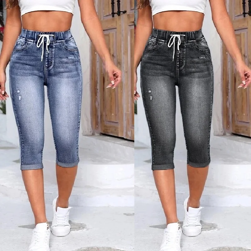 Women Denim Shorts Drawtring Elastic Waist Stretch Jeans Ladies knee Length Ripped Hole Short Jean Pants