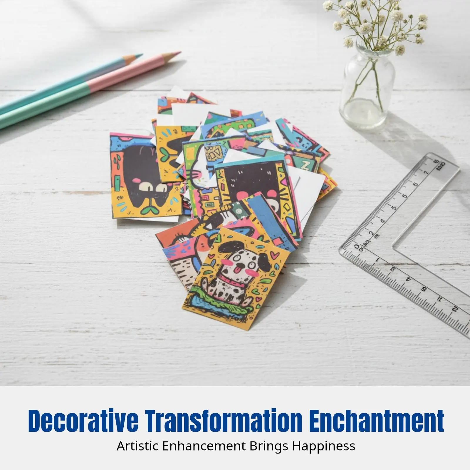 

Cat and Dog Art Stickers, Cute Drawing, Colorful, Trendy Design, Notebook Decor