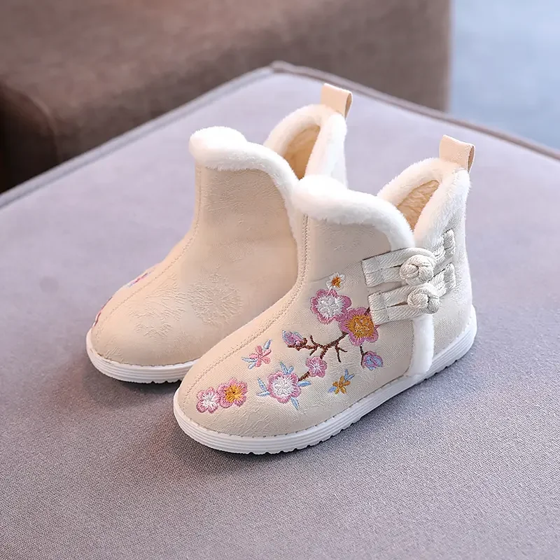 

2023 New Winter Children's Snow Boots Girls Ethnic Style Embroidered High Top Plush Warm Flat Sole Slip-On Cotton Shoes