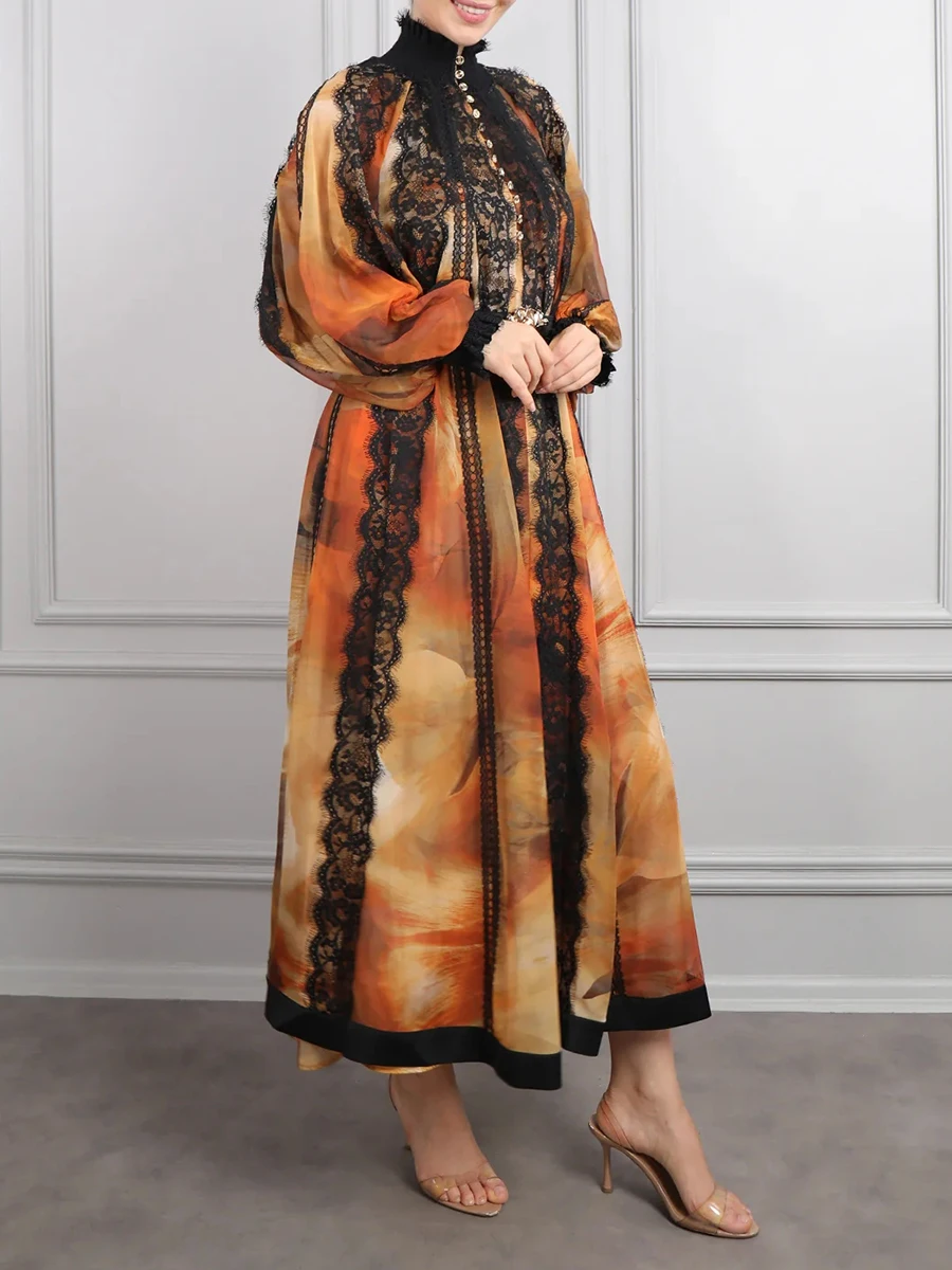 TWOTWINSTYLE Hit Color Spliced Belt Elegant Dresses for Women High Neck Long Sleeves Patchwork Lace Sheer Dress Female Clothing