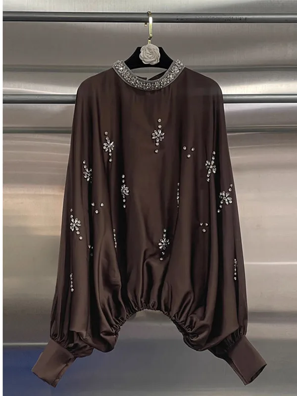 

Spring New Design Heavy Embellied Coffee Color Button up irt Retro Sle Diamond Embedded Loose Fit Long Sve Women's B...