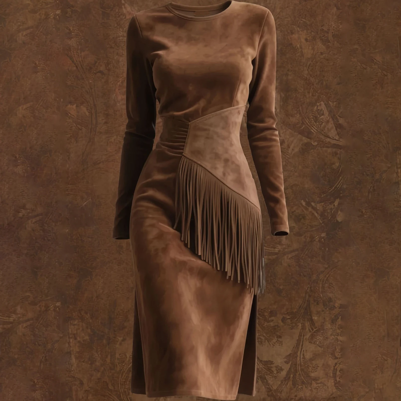 Robe à franges à manches longues et col rond, coupe cintrée, rétro occidentale, couleur unie, en daim, pour femmes, printemps et automne