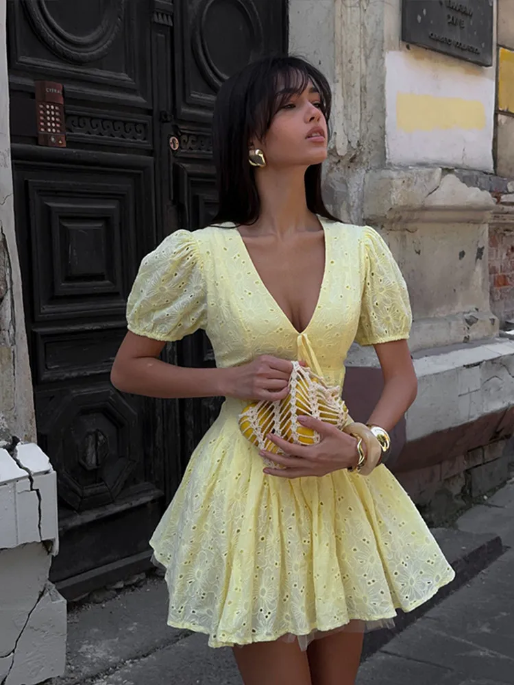 

BKLD Pure Cotton Yellow Dress 2026 Summer New High Waist Strap V-Neck Sexy Embroidered Short Dresses Party Women Clothing