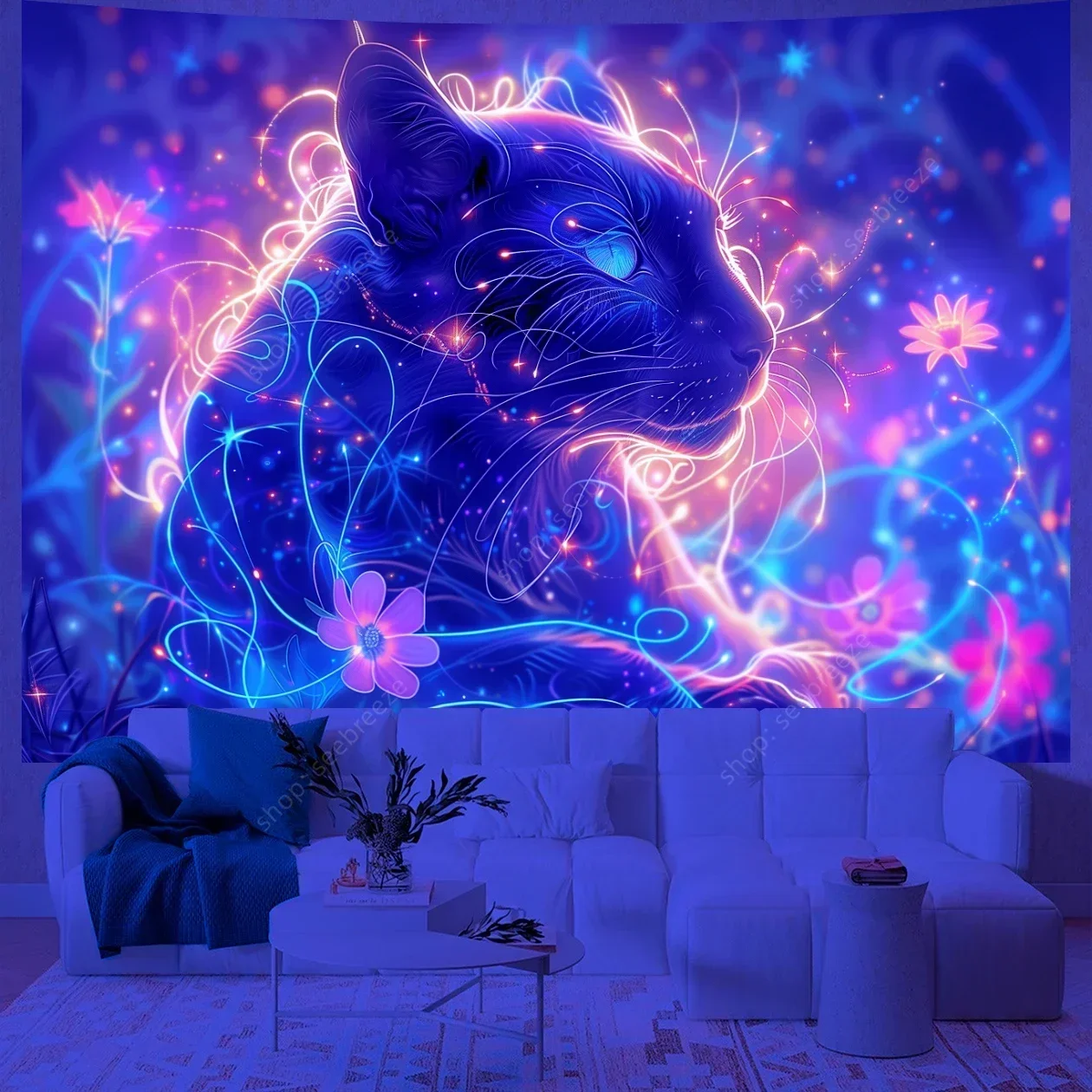 Animal UV Reactive Tapestry Psychedelic Hippie Tapestry Wall Hanging Neon Backdrop Room Decor Aesthetic Sofa Blanket Beach Towel