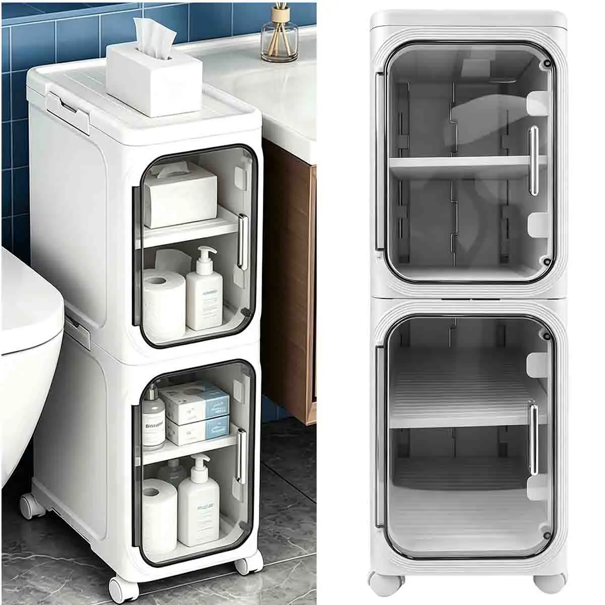 Mobile da bagno a due ripiani, stretto, con ruote e ripiano rimovibile, unità di stoccaggio salvaspazio per il bagno, modello autoportante.