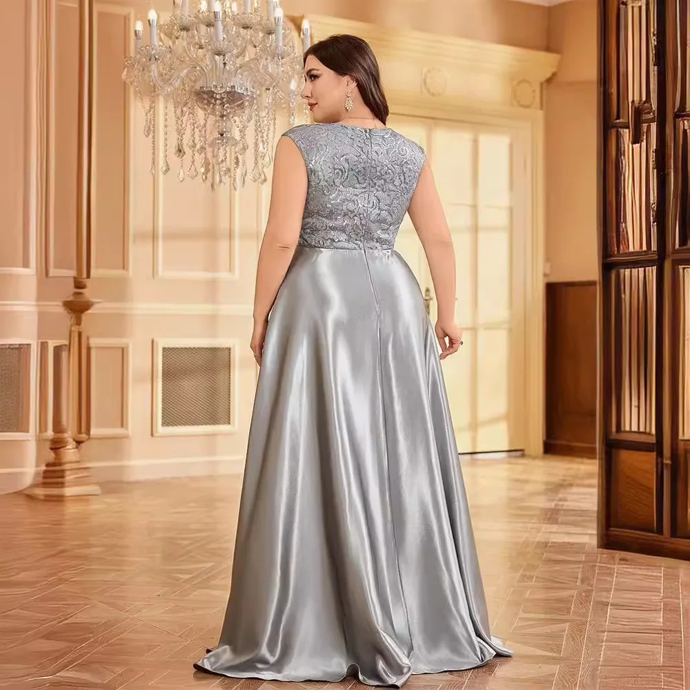 Abito da donna lungo in raso lucido color cipria, scollo a V, senza maniche, con pizzo e paillettes sul busto, gonna a trapezio, per cerimonia africana, damigella d'onore, madre della sposa, matrimonio