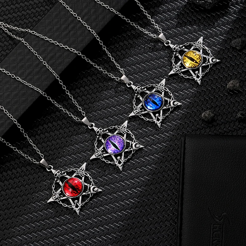 Pentagram shape Devil\'s Eye Pendant Necklace For Men And Women Punk Retro Non Adjustable Metal Collar Trending Jewelry Gifts