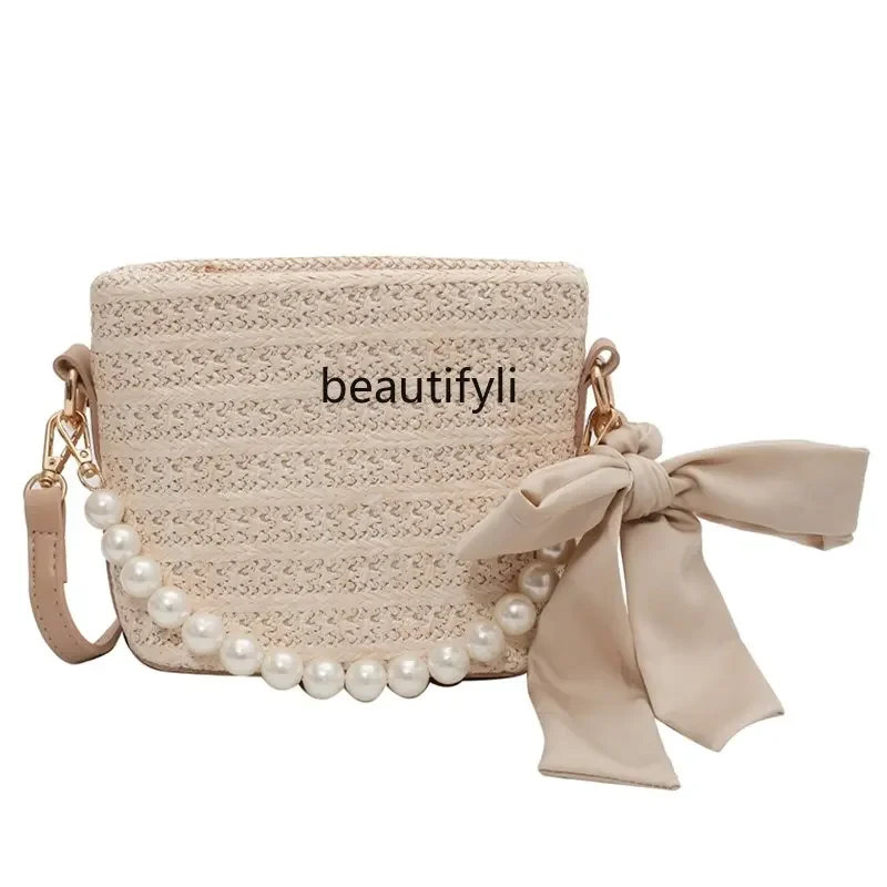 

zqFrench Straw Bag Women's Seaside Holiday Beach Bag Western Style All-Match Woven Messenger Bag