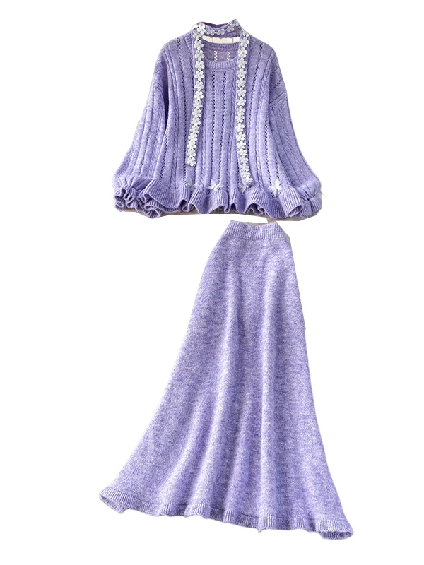 مجموعة من قطعتين من سترة الخصر المكشكشة والمحبوكة من Ele ثقيلة الوزن مع تنورة مكونة من قطعتين للنساء #5