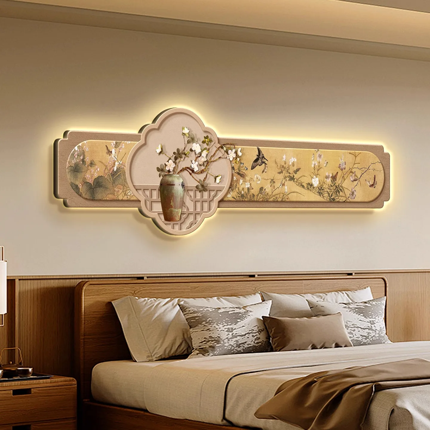 

New Chinese-style illuminated headboard in the Song Dynasty aesthetic bedroom, master bedroom background wall, room wall lamp