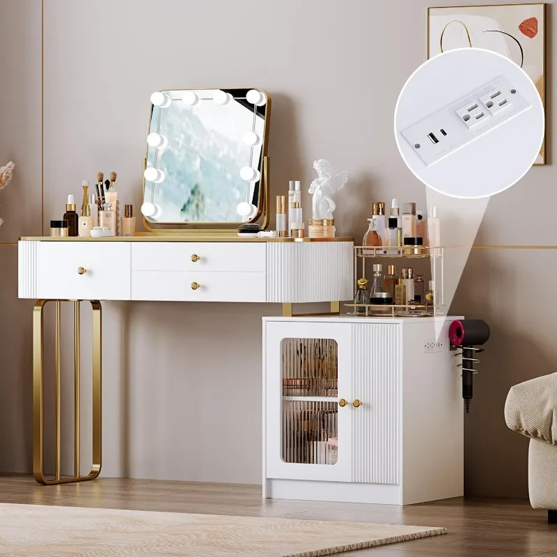 Retractable Makeup Vanity Table with LDE Mirror and 2 Spacious Drawers ,Dressing Table with Shelf,3-Sections Silent Drawer Slide