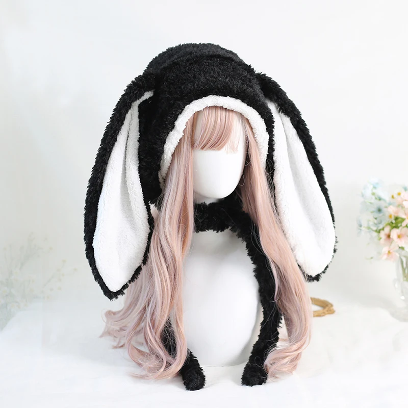 Japanese Loppy Bunny Eared Rabbit Cap Lolita Girl Earmuffs Cap Sweet Cute Rabbit Ears Plush Warm Winter Fleece Hats