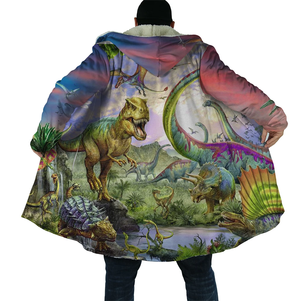 CLOOCL Men's Hooded Cloak Dinosaur World Graphic 3D Printed Fleece Windbreaker Fleece Cloak Thick Warm Fashion Clothing