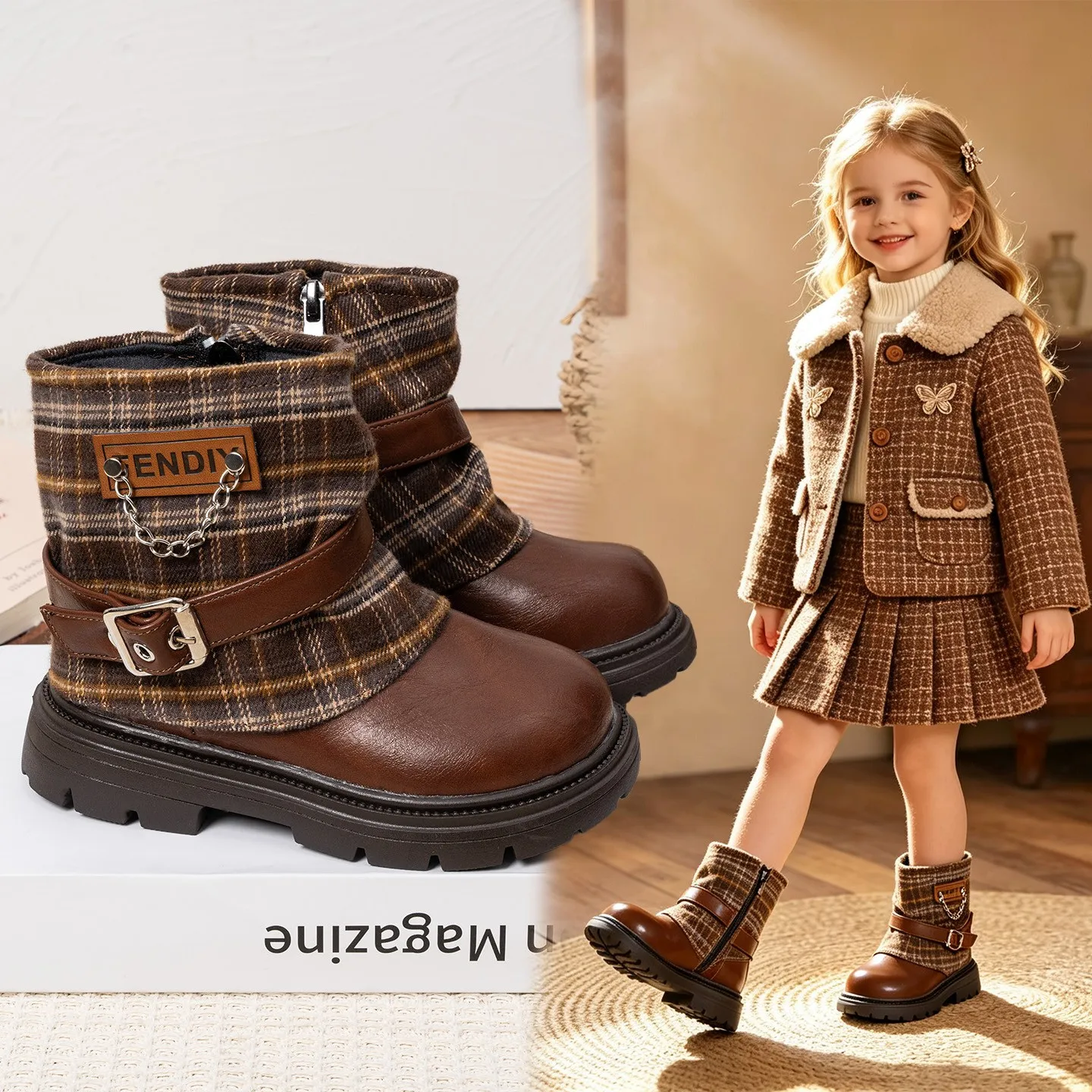 Toddler Girls Plaid Spliced Ankle Boots, Metal Chain & Buckle Decor, Side Zipper, Thick Non Slip Sole for Autumn Winter