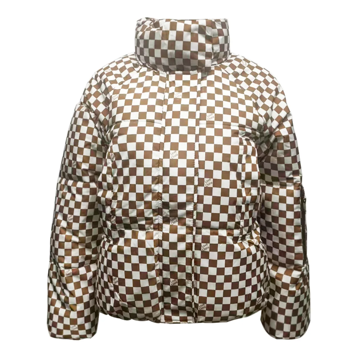 2025 Plus Size Checkered Puffer Coat Warm Quilted Hooded Parka Stand Collar Patch Pockets Windproof Loose Fit Winter Jacket