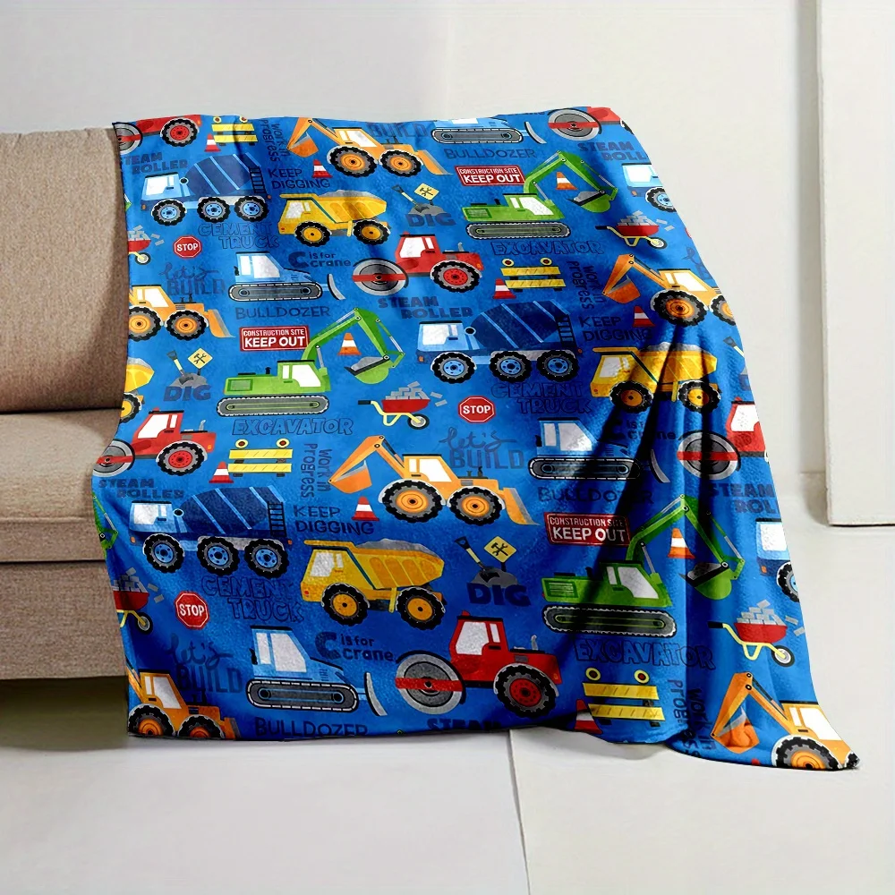 Construction Vehicle Blanket Throw for Boys Kids Nursery Decor Excavator Bulldozer Crane Dump Truck Soft Fleece Winter Bed Throw