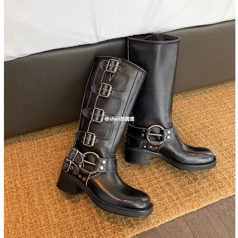 Round Toes Vintage Side Belt Buckle Decoration Knee High Boots Platform Low Block Heels Brown Black Women‘s Shoes Winter