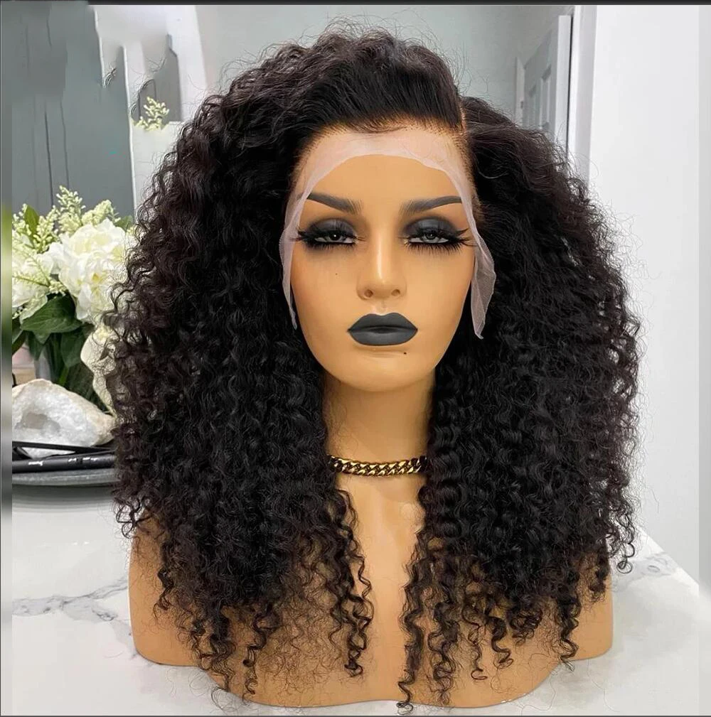 

Soft Natural Black Long Glueless Kinky Curly 180Density 26Inch Deep Lace Front Wig For Women With Baby Hair Preplucked Daily