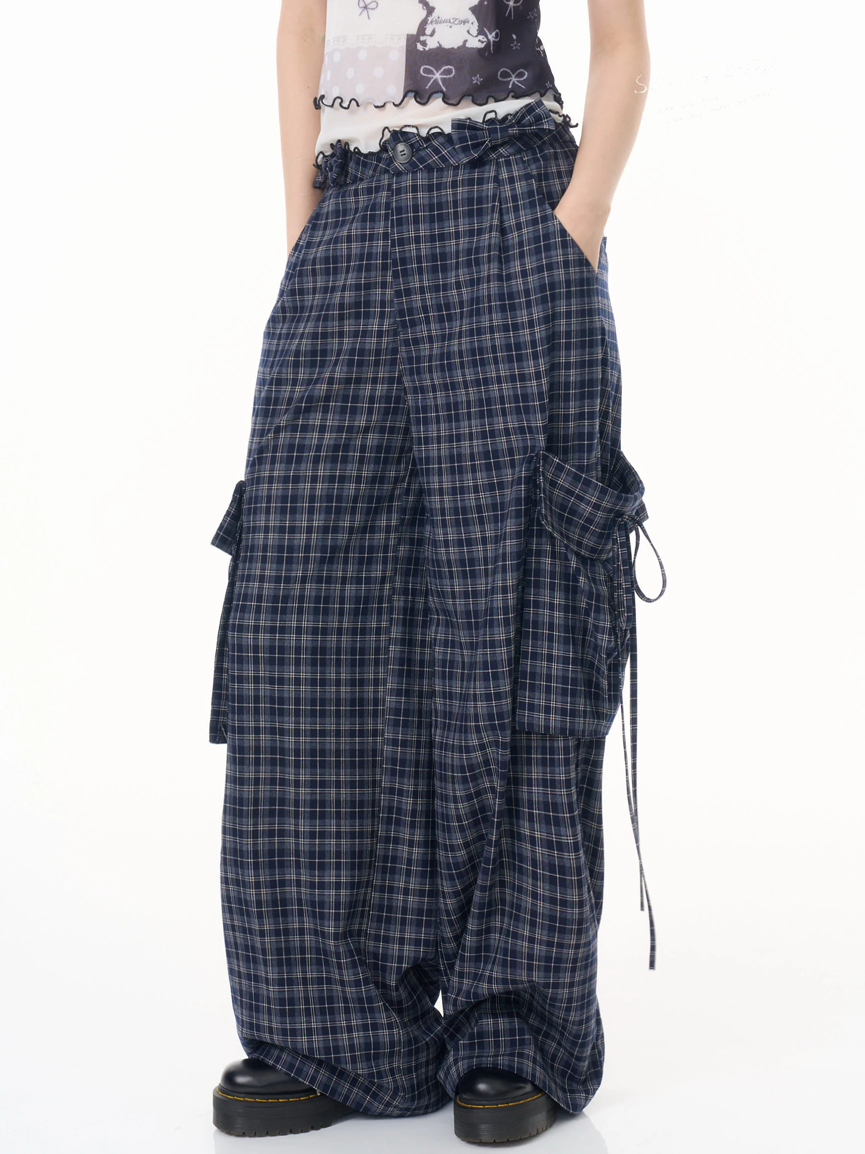 

ZiziFei Cloud between Design Deep Blue Plaid Pocket High Waist Slim Wide Leg Drape Casual Pants Women's Vintage Style Belted ...