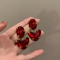 Red Heart Glass Pendants Earrings European American Style Personalized Fashion Stud Earrings Girls Travel Wedding Accessories