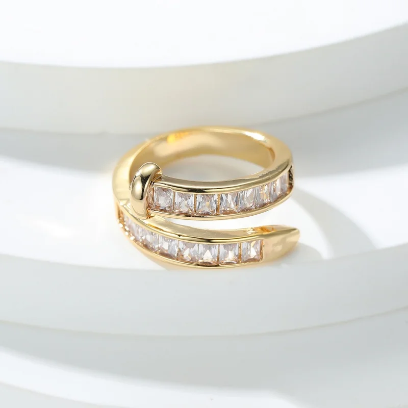 Light Luxury Ladder Square Zirconia Winding Open Ring for Women, High-end Sparkling Double Row Full Diamond Adjustable Accessory