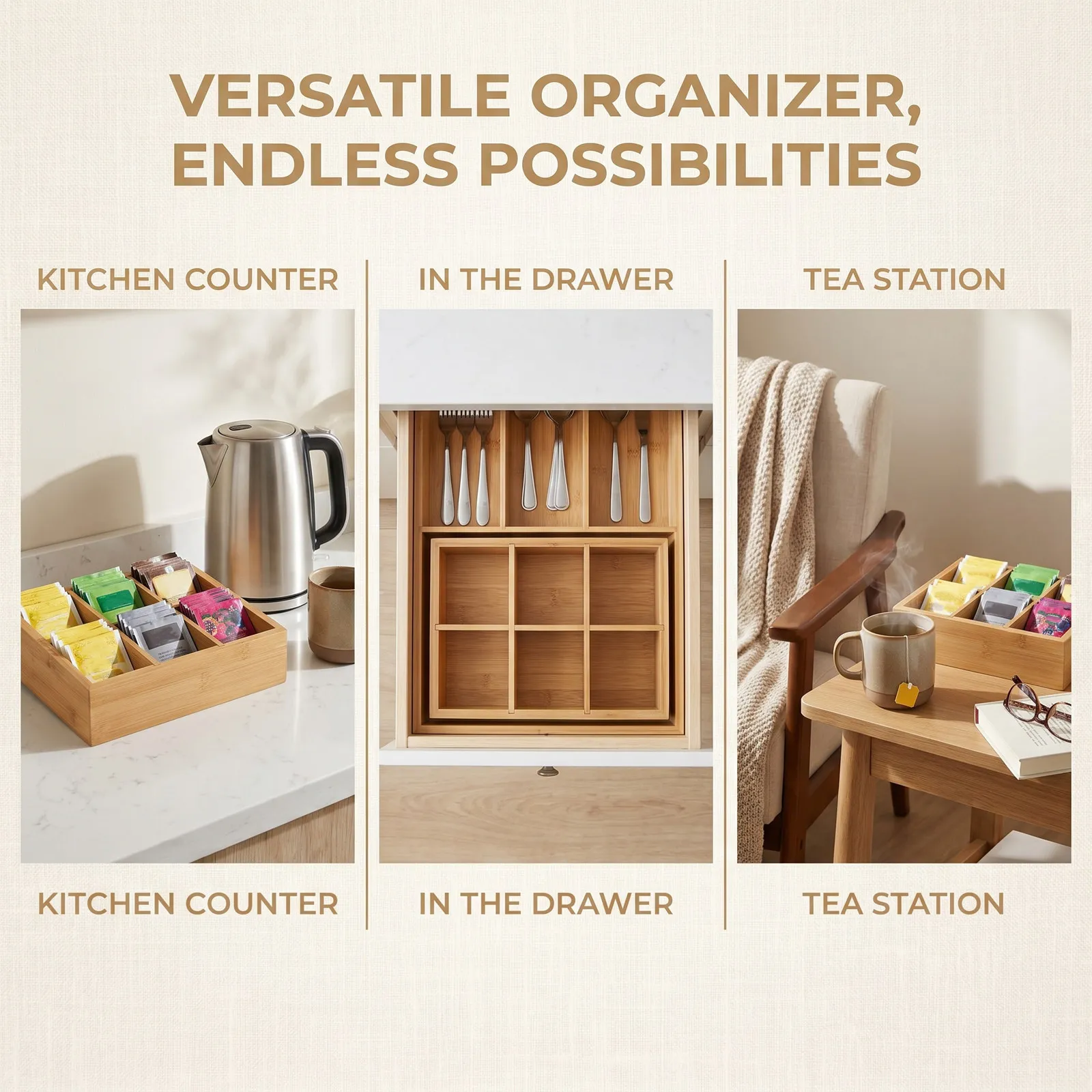6 Compartments Tea Bag Organizer Bamboo Drawer Storage Box Countertop Kitchen Cabinet Pantry Tea Packet Holder