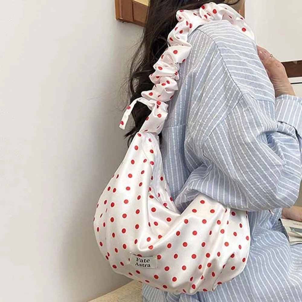 Lustrous Satin Polka Dot Bag Silky-smooth Voluminous Ruffle Strap Crossbody Bag Eye-catching High-density Cloud Dumpling Purse