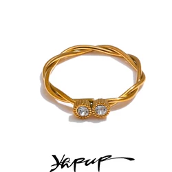 Yhpup Stainless Steel Metal Woven Zirconia Twisted Golden Thin Ring for Women 18K PVD Plated Delicate Jewelry Tarnish Resistant