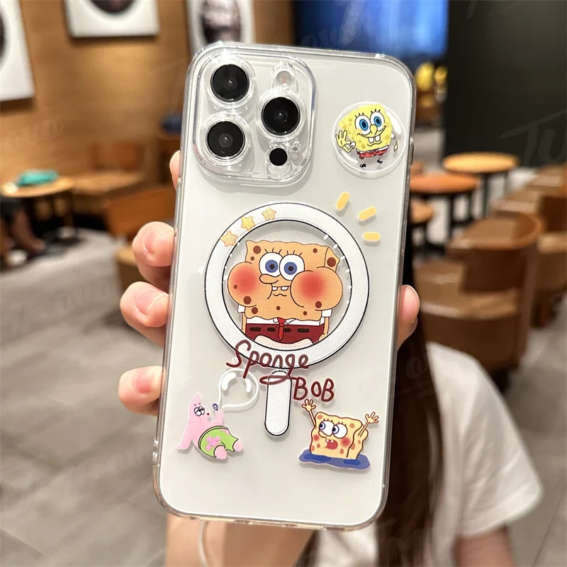 Cute Anime SpongeBobs TPU Case For iPhone 11 12 13 14 15 Pro Max Mini X XS XR 8 7 Plus SE 2020 Soft Clear Magsafe Magnetic Cover