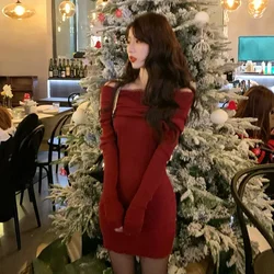 Women New Fashion Long Sleeve Red Knit Dress Off Shoulder Sexy Slash Neck Slim Pencil Mini Dress Fit Hip Bottoming Sweater Dress
