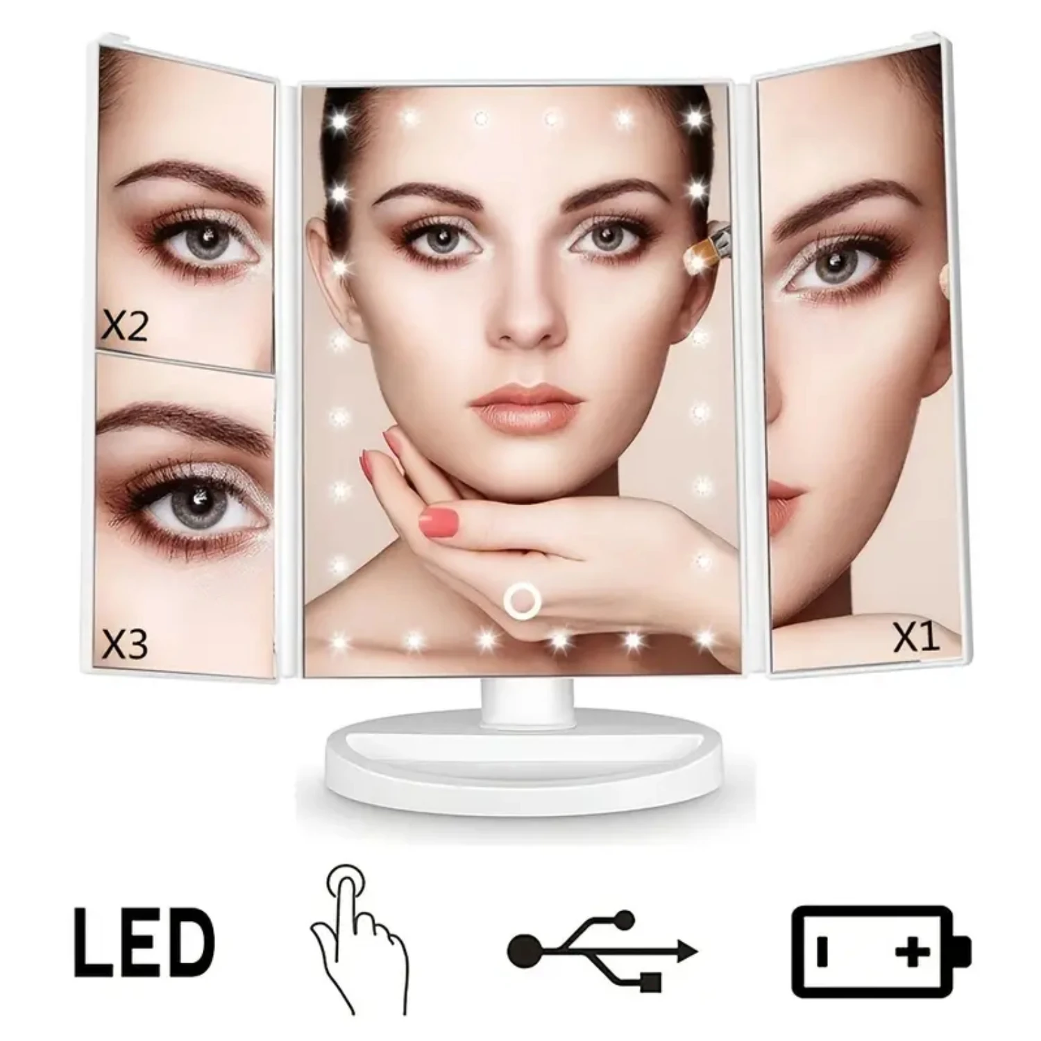 Portable Tri-fold Lighted Vanity Makeup Mirror with 3x/2x/1x Magnification, Bright LEDs Light and Easy-to-Use Touch Screen Techn