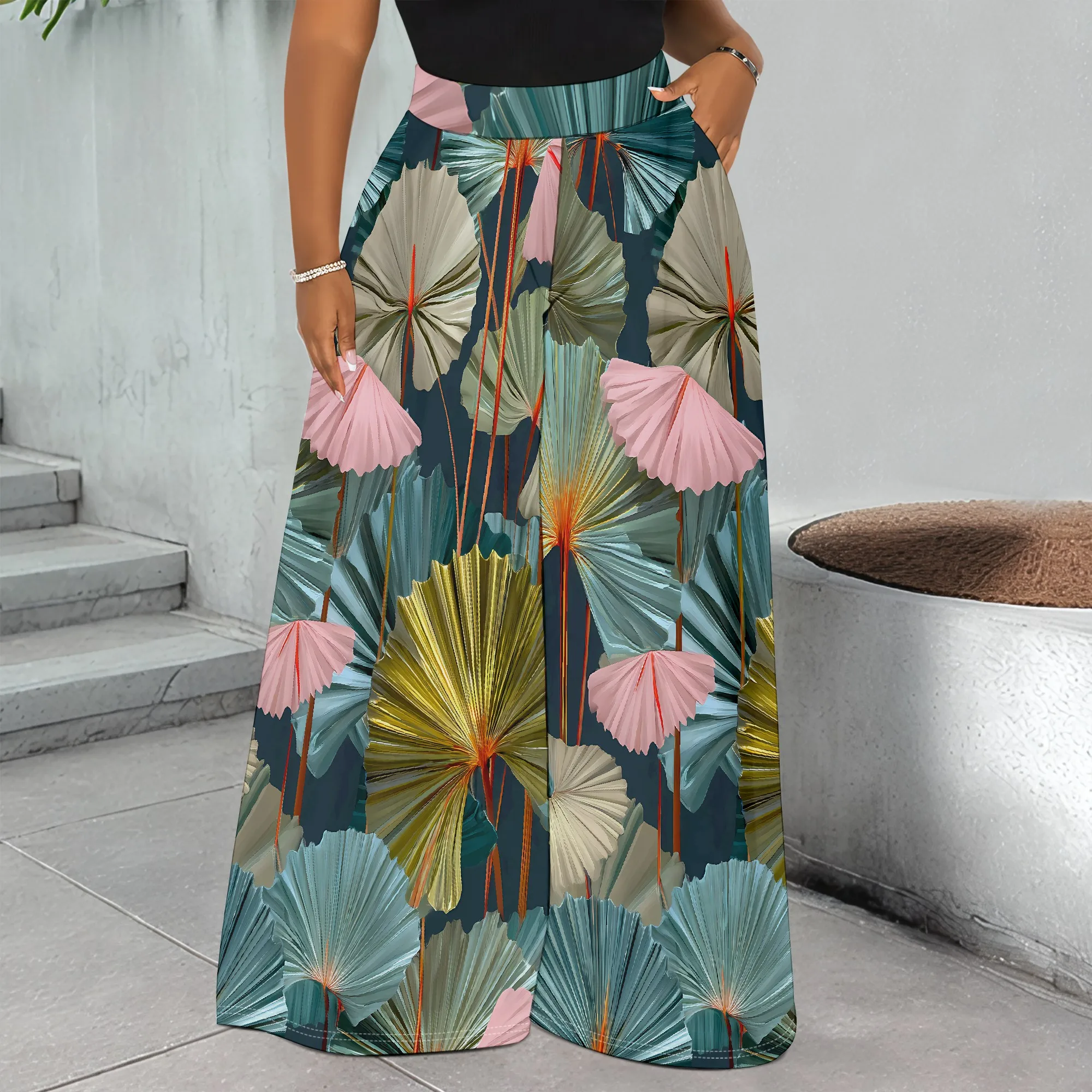 

Tropical Print, Women's Wide Leg Pants, Lotus Leaf Pattern Summer Trousers, High Waist Pocket Design, Casual Beach Wear, S-3XL