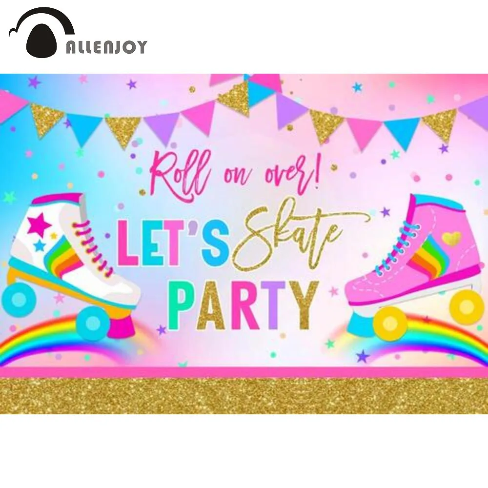 Allenjoy Pink Let's Skate Birthday Party Background Disco Vintage 80 90s Roller Gold Rainbow Neon Glow Photophone Backdrop