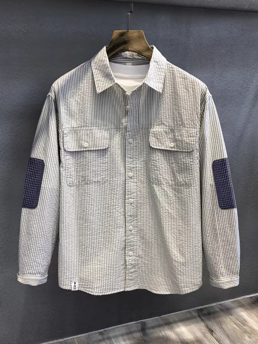 

Мужская повседневная удлиненная футболка с лоскутным узором и полосатой текстурой «пузырьки», свободного кроя, для молодежи, осенний сезон, в американском стиле.