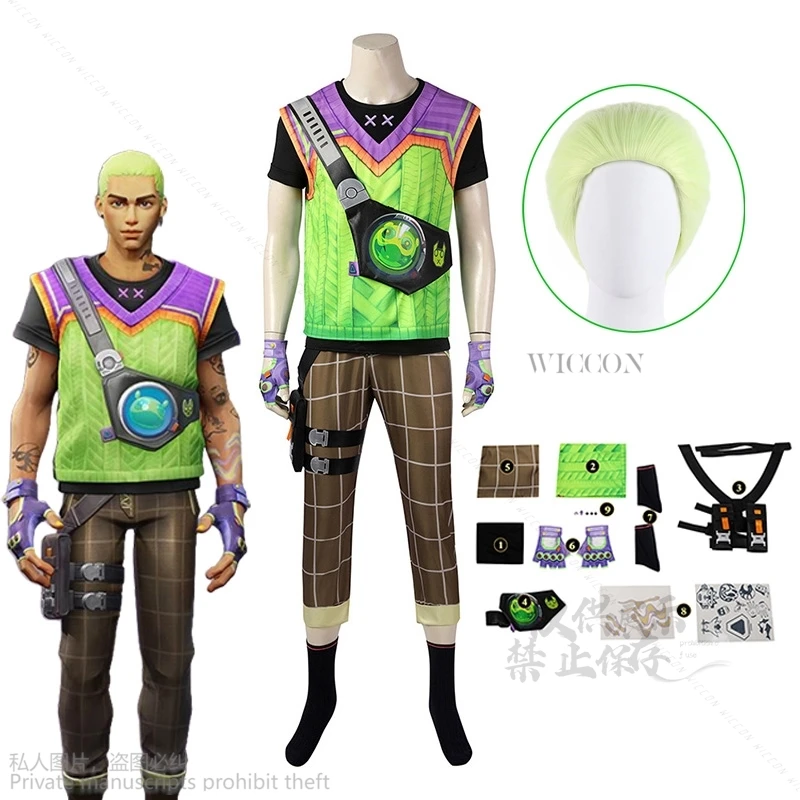 Game Valorant Gekko Cosplay Costume Pants Shirt Vest Prop Unifrom Men Halloween Party Carniavl Roleplay Green Wigs Women Men