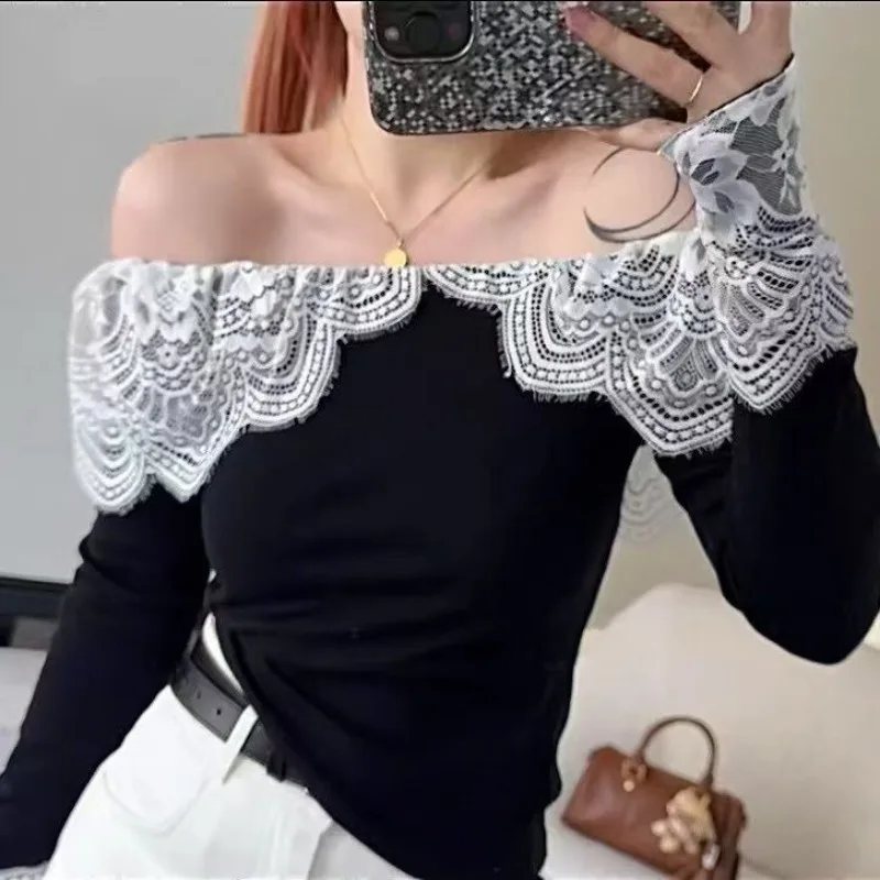 

Women Clothing Spring Autumn Fashion Simplicity Lace Patchwork Solid Color Slash Neck Ladies All-match Lazy Wind Long Sleeve Top