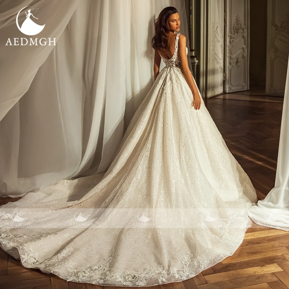 Aedmgh A-Line Luxury Wedding Dresses V-Neck Sleeveless Vestido De Novia Beaded Sequined Charming Shiny RCustom Made Bridal Gown