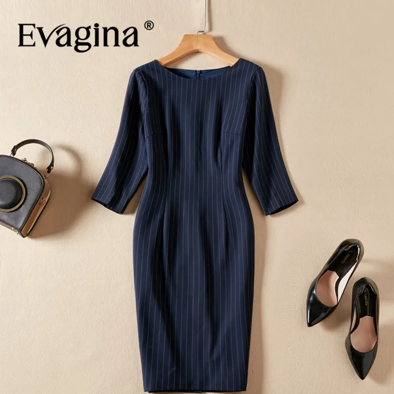 Evagina New Fashion Runway Designer Dress Women's Three Quarter Sleeve Striped Print Commuter Office Lady Mini Dresses