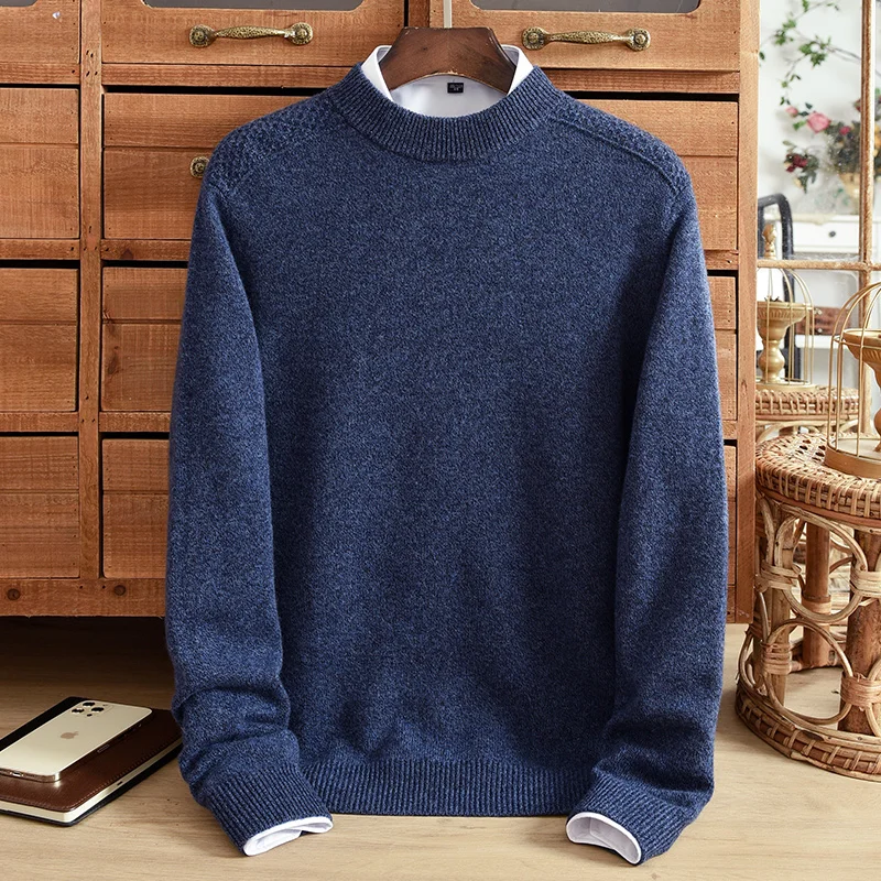 Winter Pure Cashmere Sweater Men's Thickened Double Strand Half High Neck Shoulder Badge Business Casual Knitted Sweater Large