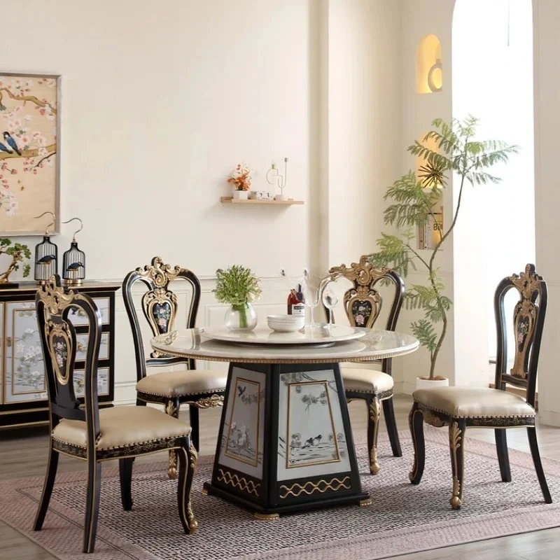 

Новый китайский стиль, высококачественный ретро-окрашенный мраморный круглый бытовой обеденный стол и стулья из цельного дерева