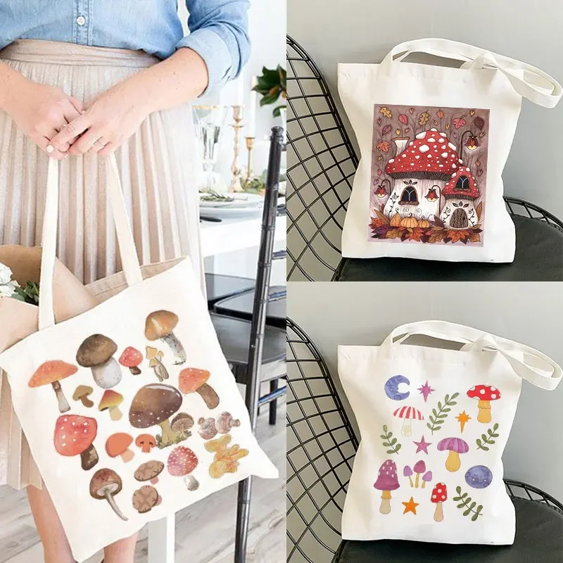 Mystical Mushrooms Moonlight Forest Hand illustrated and printed Tote Bag bolso grande mujer cotton bag canvas bags shopping bag