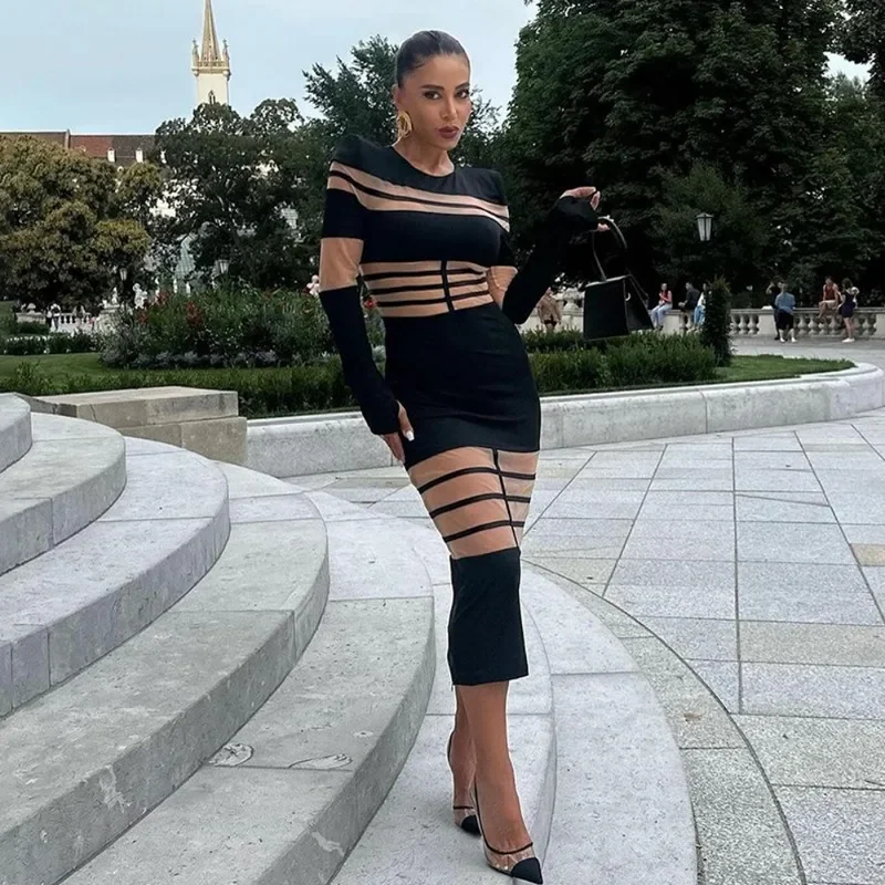 2025 الأوروبية والأمريكية الربيع/الصيف موضة مثير الربط منظور تنورة وسط جولة الرقبة طويلة الأكمام جديد سليم صالح فستان