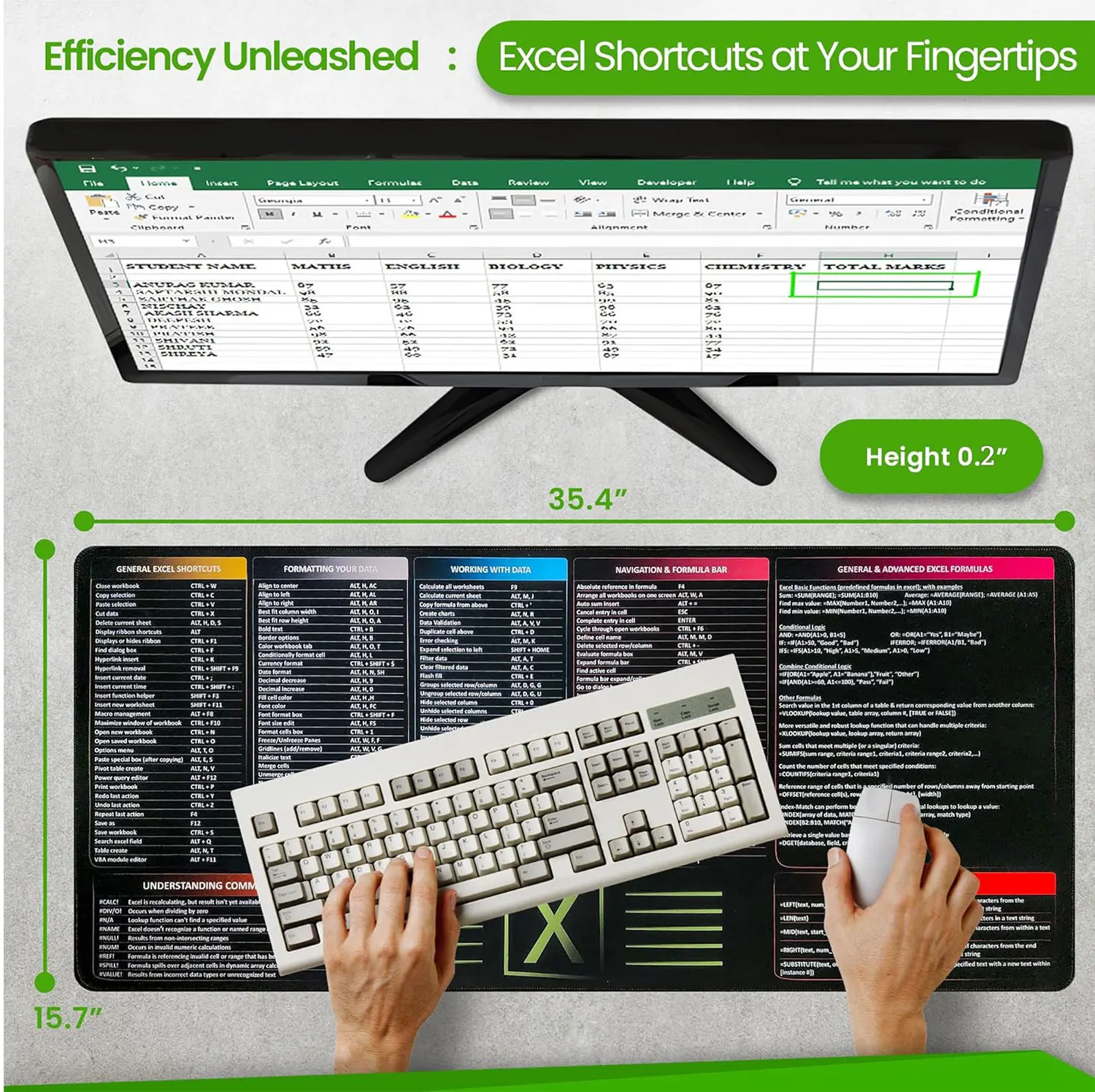 Large Excel Cheat Sheet Desk Pad | Excel Shortcut Keys Mouse Mat,Office Excel Mouse Pad with Waterproof Excel Shortcuts/Formulas