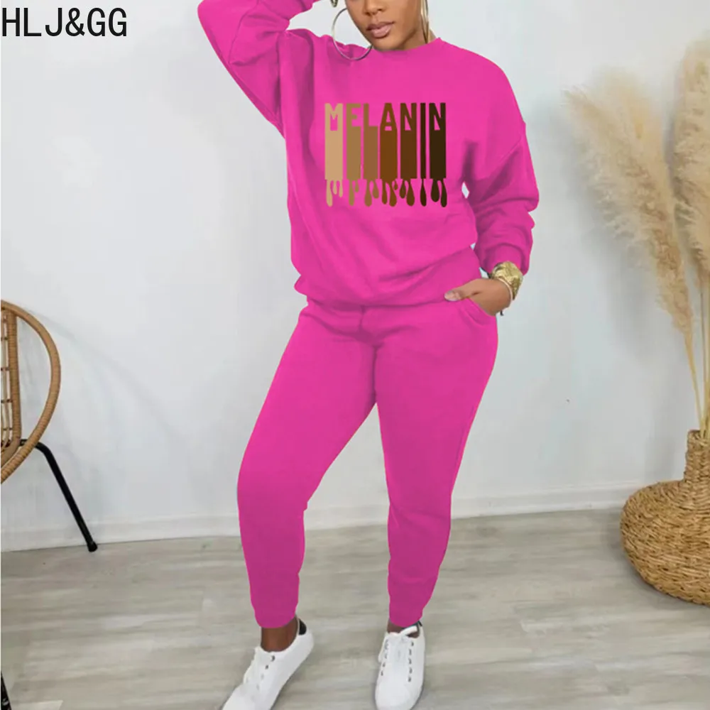 

HLJ&GG Autumn Casual Letter Print Jogger Pants Two Piece Sets Women Round Neck Long Sleeve Pullover+Pants Tracksuits Streetwear