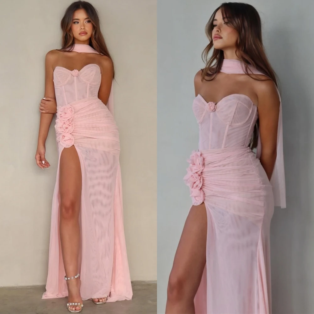 

Customized Simple Pink Chiffon Evening Dress Classic Sweetheart Sleeveless Prom Dress Delicate Straight Flowers Celebrity Gowns