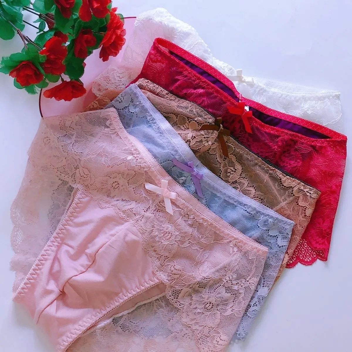 Plus Size See Through Lace Bow Man's Sexy lingerie Cross-dressing Briefs Couple Erotic Underwear Private Party BF Panties Gifts