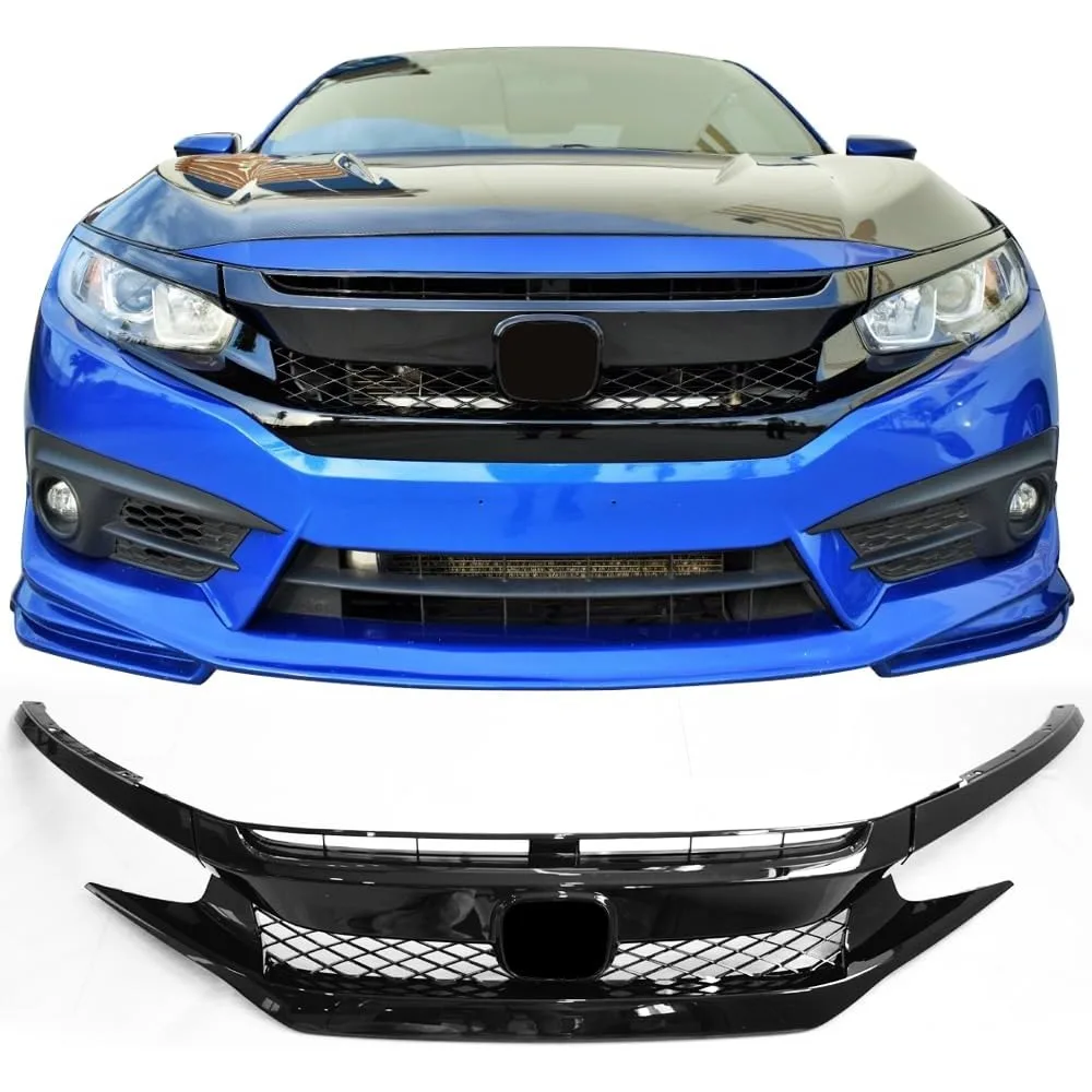 

Front Grille Compatible With 2016-2021 Honda Civic FK8, Type R Type-R Style Gloss Black Mesh Guards Hood