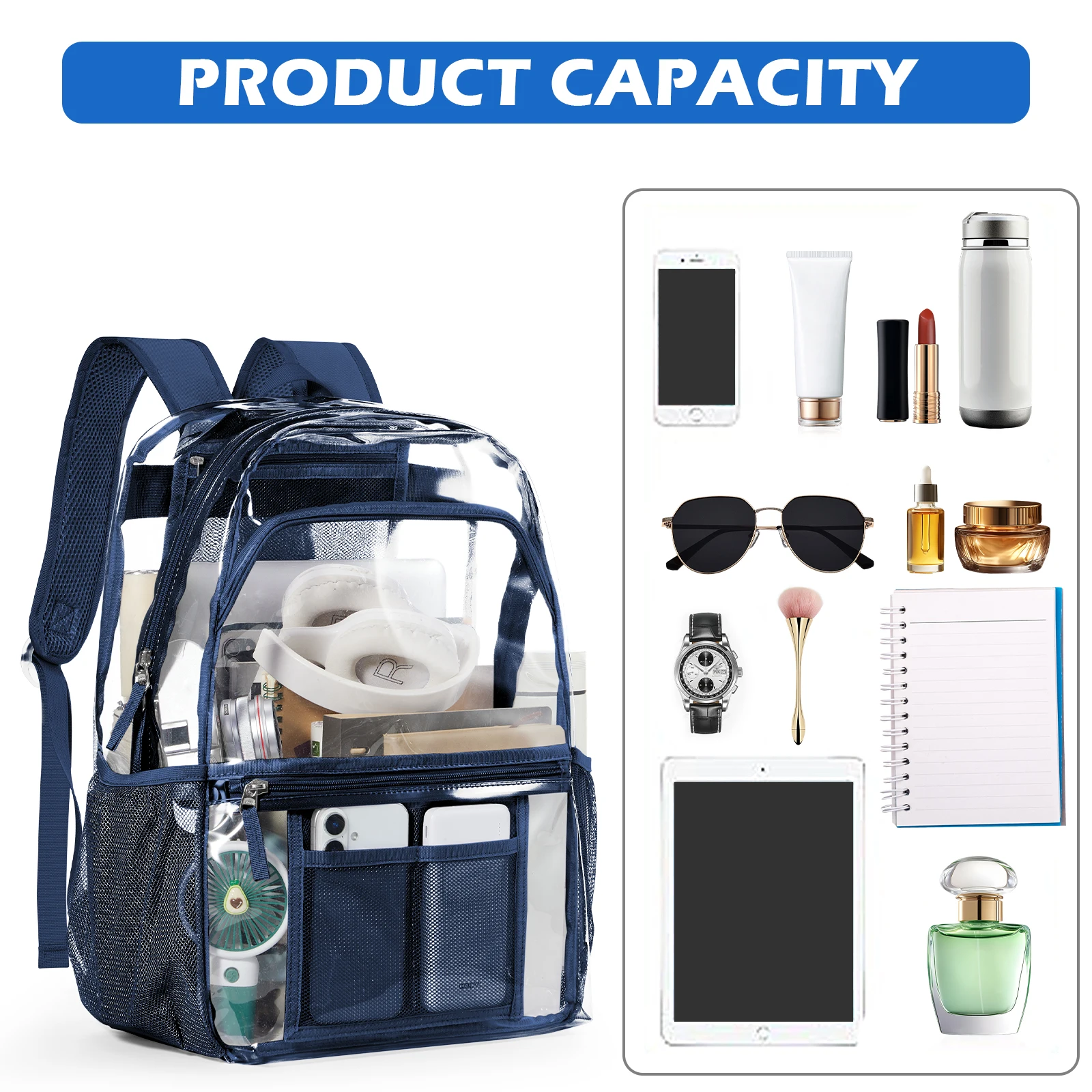 حقيبة ظهر شفافة من البوليستر - حقيبة نهارية شفافة أنيقة للمدرسة متعددة الجيوب حقيبة ظهر شفافة كاجوال حقيبة جمالية حديثة #4