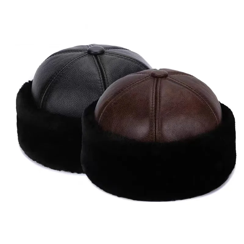 Leather Bone Hat For Men Winer Genuine Cowhide Thick Faux Fur Lining Landlord Skull Caps Ourdoor Windproof Warm Docker Yarmulke